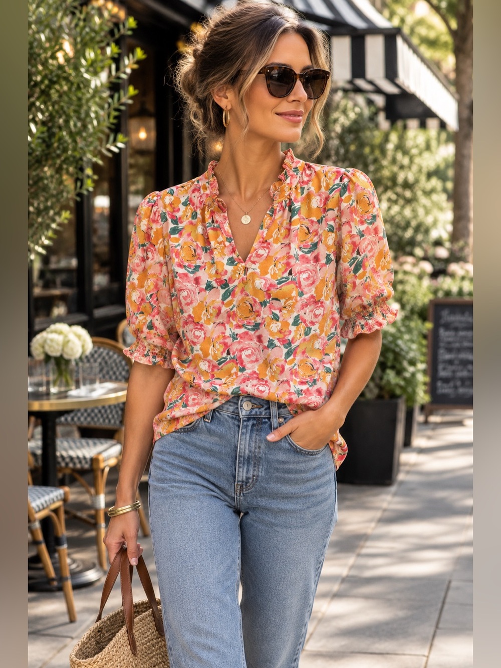 Pleione Pink & Mustard Floral Ruffle V-Neck Blouse